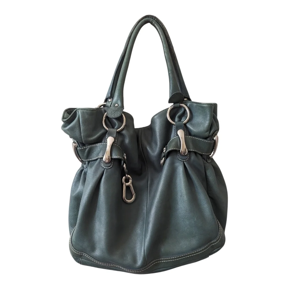 B. Makowsky Teal Slouchy Soft Pebble Leather Hobo Bag Y2K Bohemian Chunky Metal